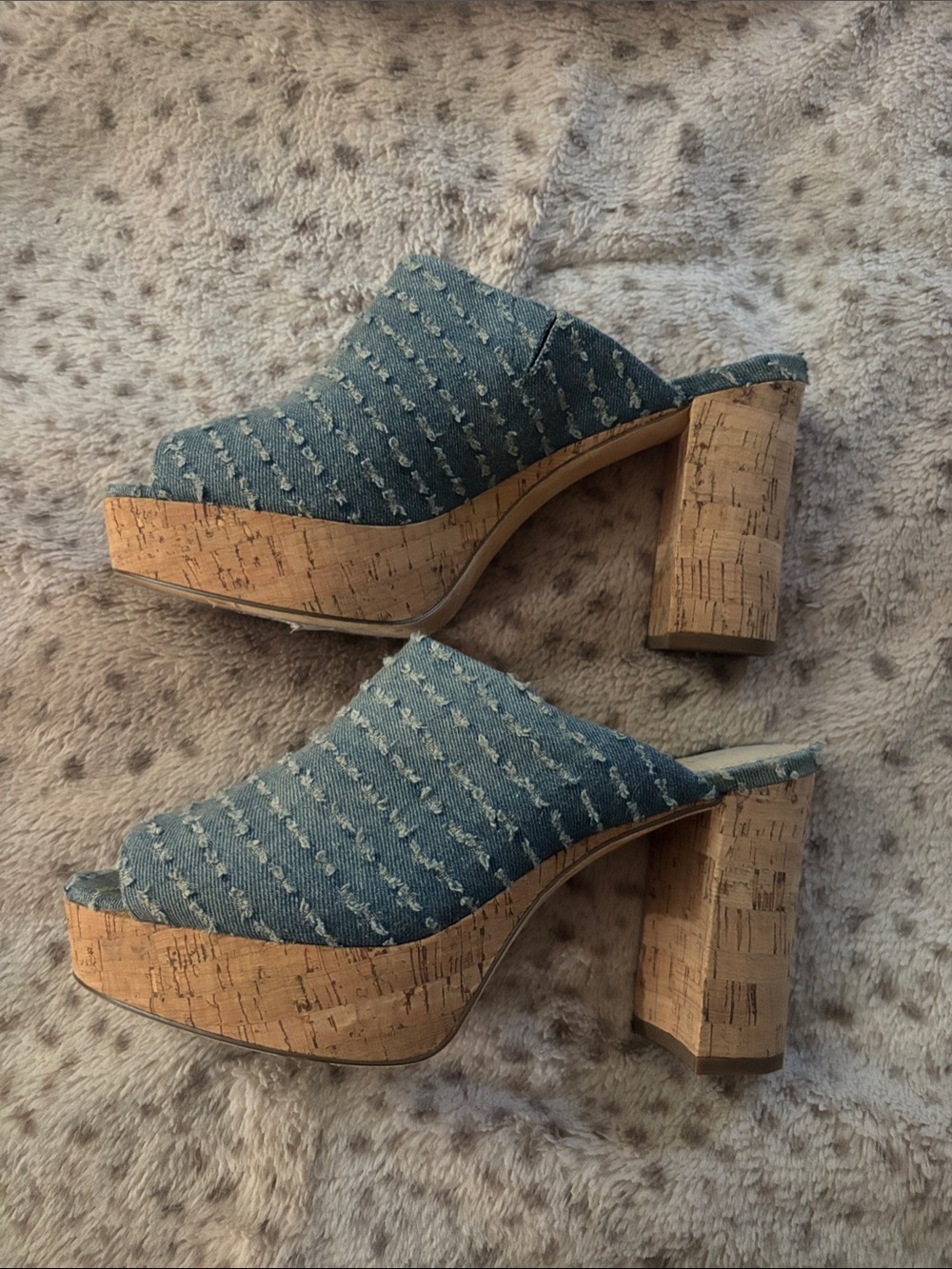 Charles David Denim Platform Mules in Blue with Cork Heel